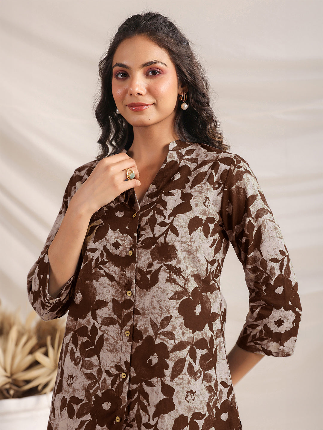 Janasya Dark Cotton Floral Straight Top & Bottom Set