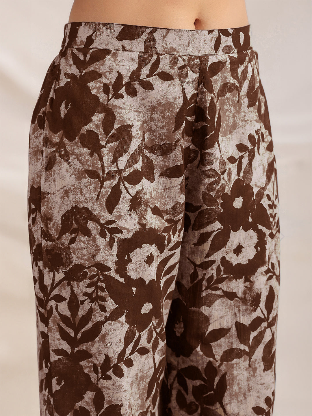 Janasya Dark Cotton Floral Straight Top & Bottom Set