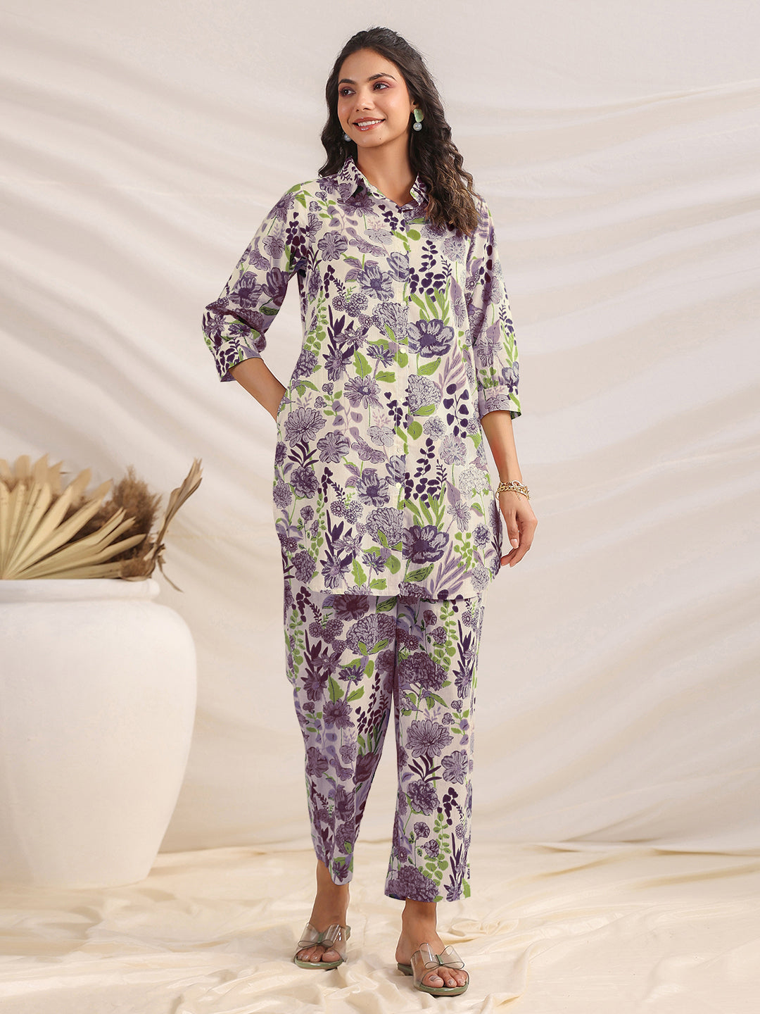 Janasya Light Cotton Floral Shirt Top & Bottom Set