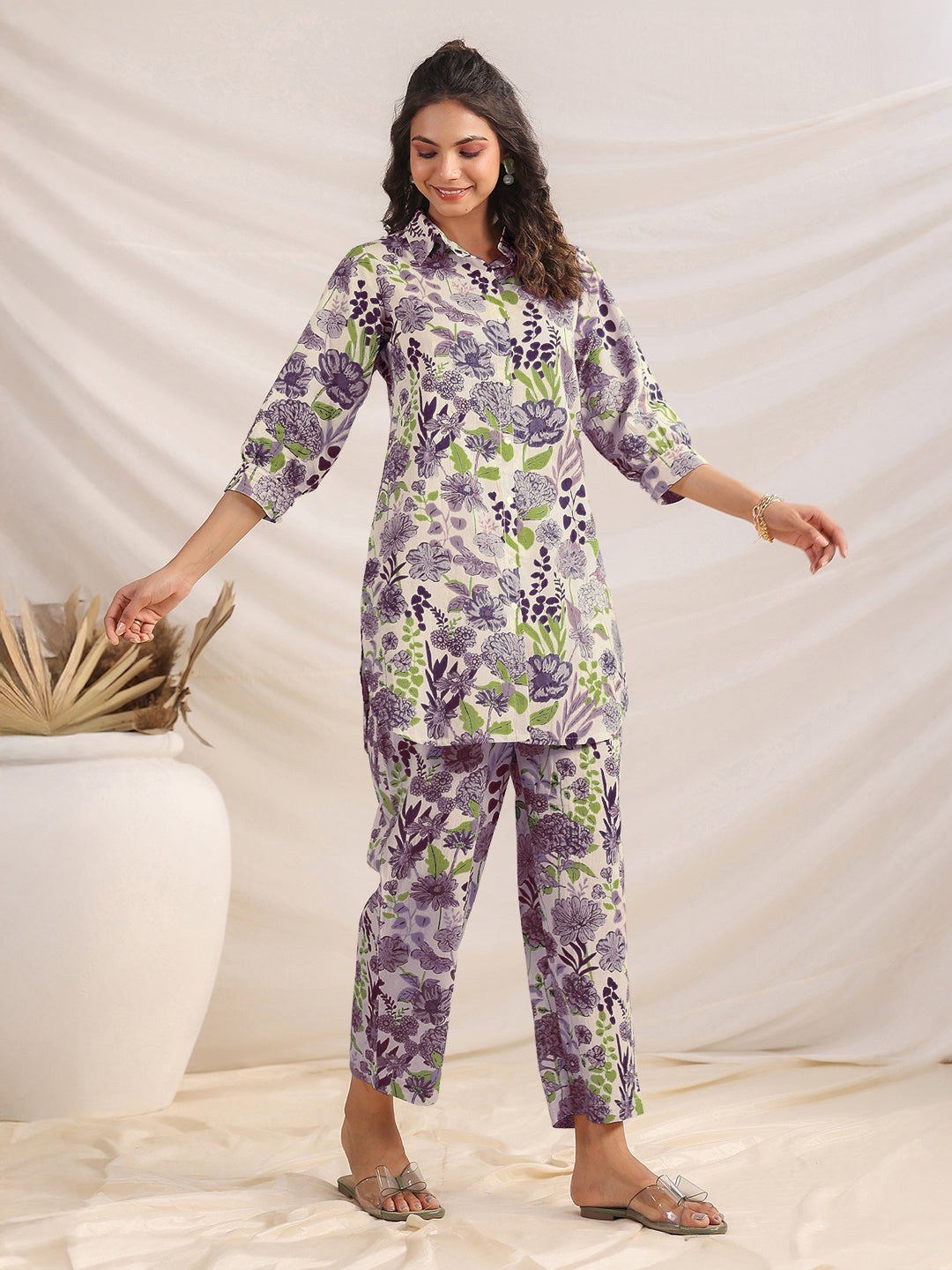 Janasya Light Cotton Floral Shirt Top & Bottom Set