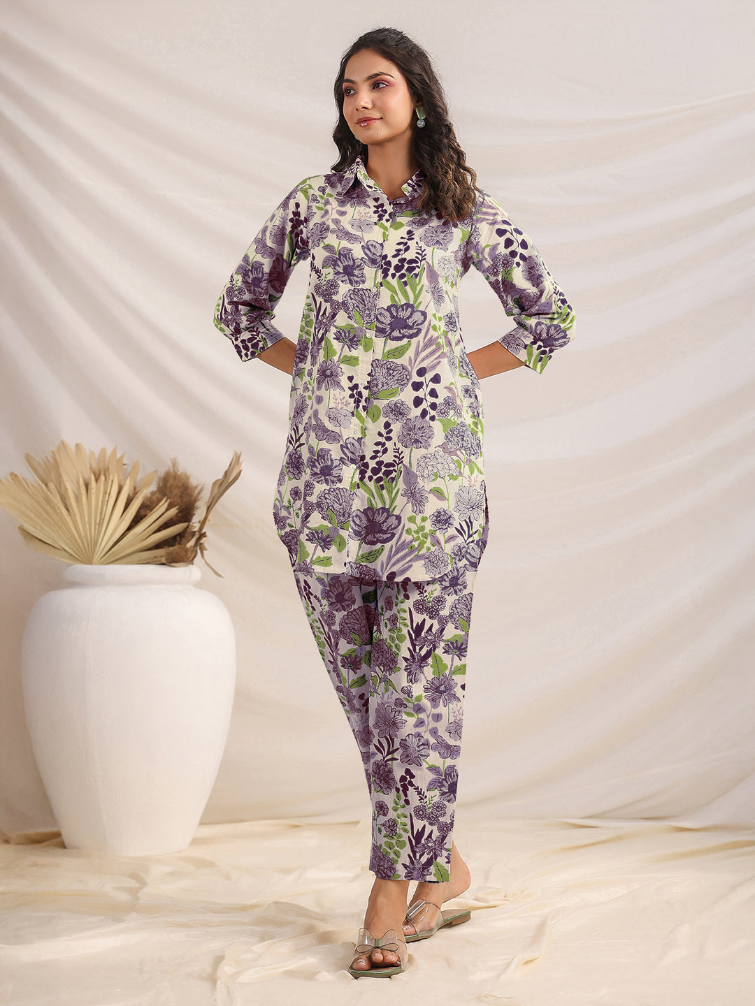 Janasya Light Cotton Floral Shirt Top & Bottom Set