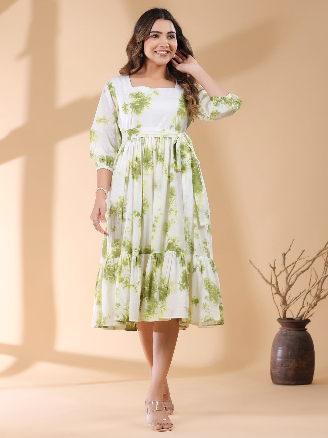 Janasya Bright Cotton Tie & dye Tiered Dress
