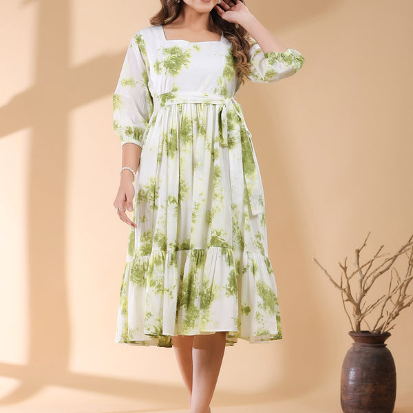 Janasya Bright Cotton Tie & dye Tiered Dress