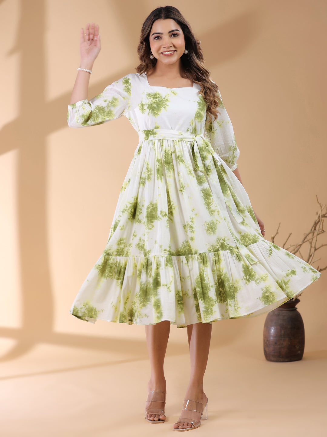 Janasya Bright Cotton Tie & dye Tiered Dress