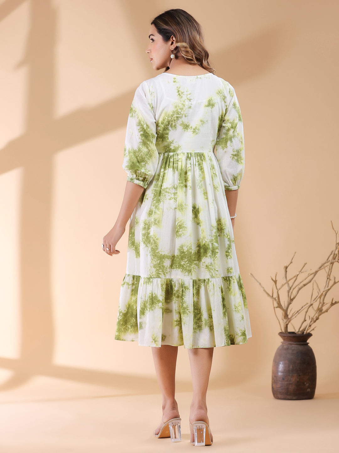 Janasya Bright Cotton Tie & dye Tiered Dress