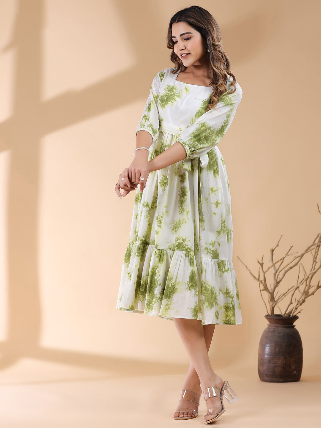 Janasya Bright Cotton Tie & dye Tiered Dress