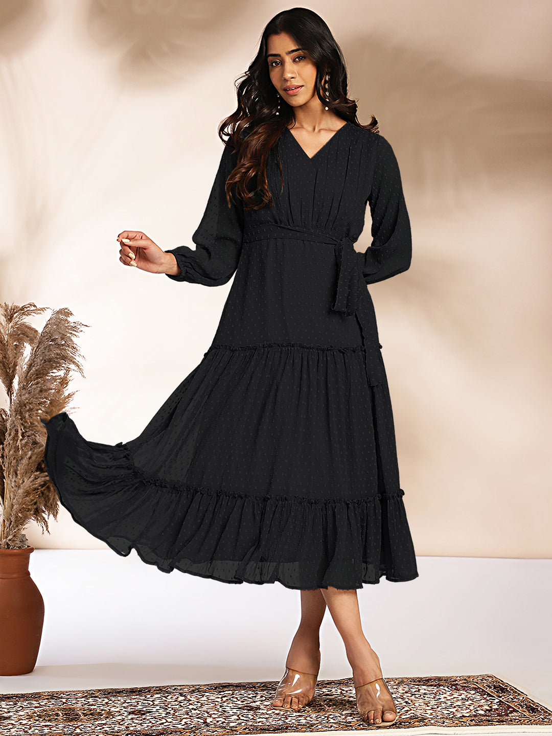 Janasya Dark Dobby Chiffon Woven Design Tiered Dress