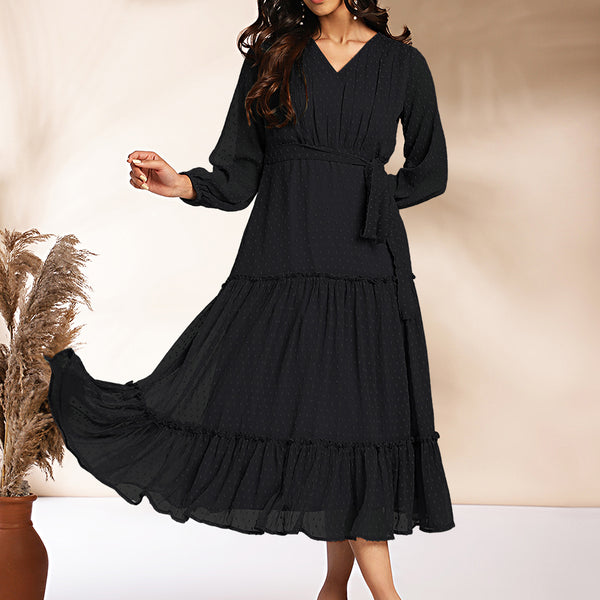 Janasya Dark Dobby Chiffon Woven Design Tiered Dress