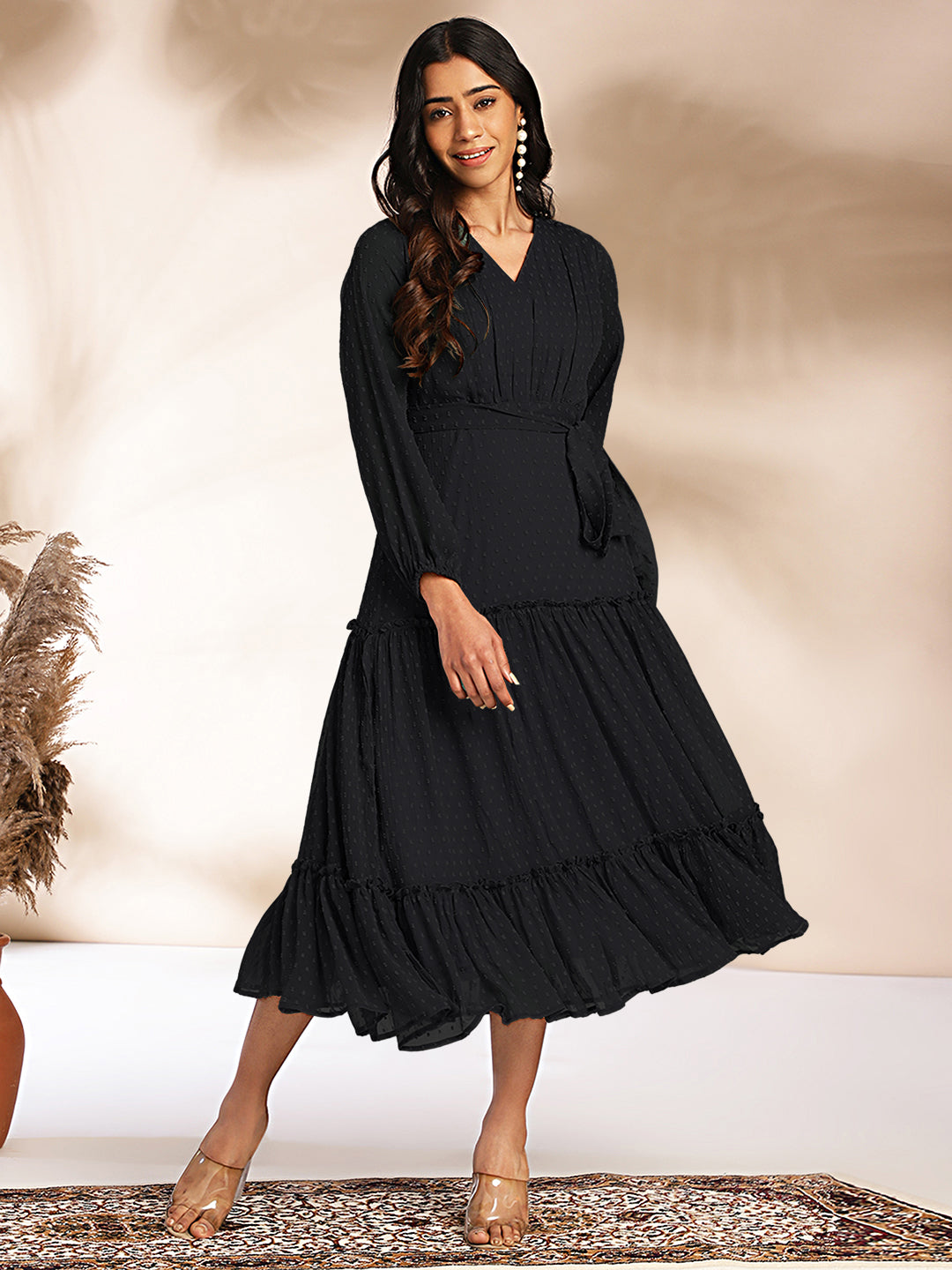 Janasya Dark Dobby Chiffon Woven Design Tiered Dress