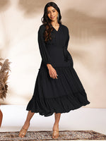Thumbnail for Janasya Dark Dobby Chiffon Woven Design Tiered Dress