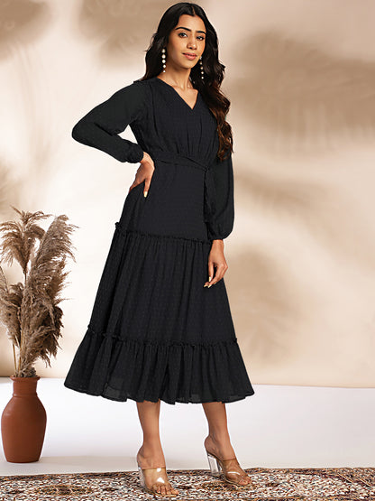 Janasya Dark Dobby Chiffon Woven Design Tiered Dress - Distacart