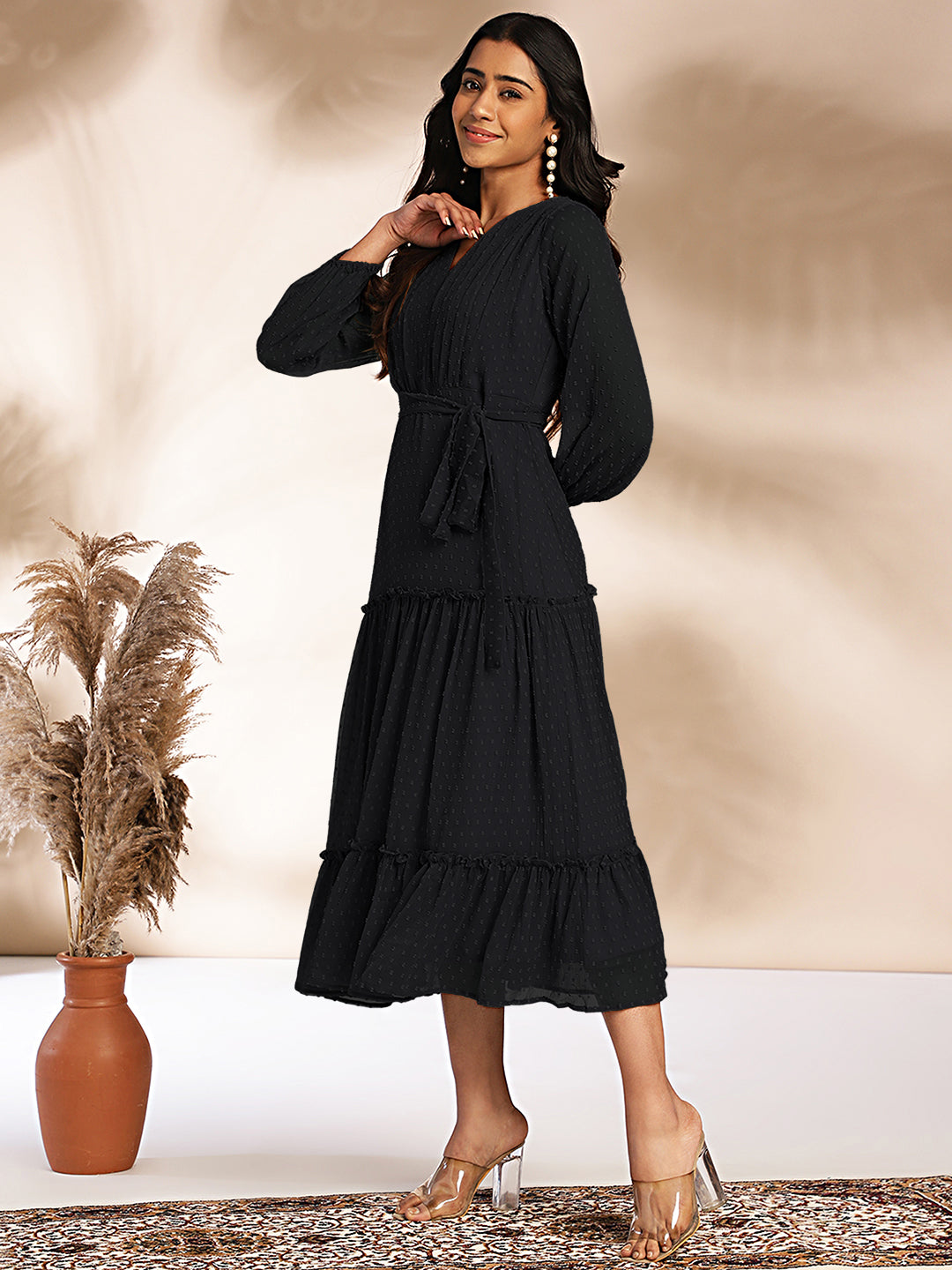 Janasya Dark Dobby Chiffon Woven Design Tiered Dress