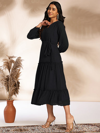 Janasya Dark Dobby Chiffon Woven Design Tiered Dress - Distacart