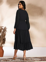 Thumbnail for Janasya Dark Dobby Chiffon Woven Design Tiered Dress