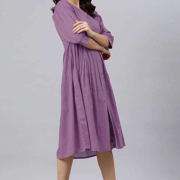 Janasya Bright Cotton Solid Gathered Dress