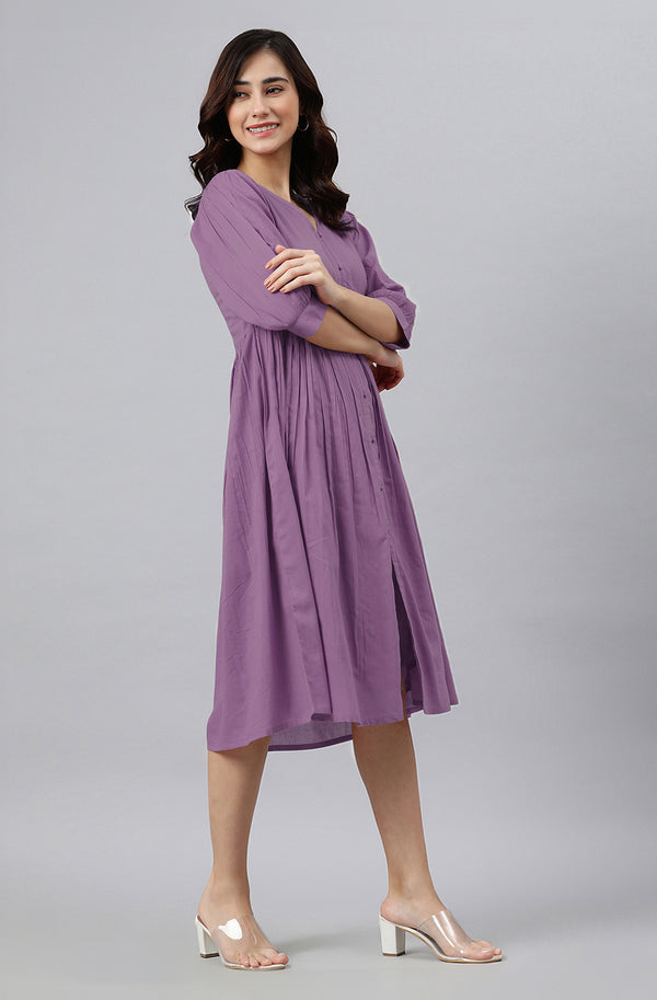 Janasya Bright Cotton Solid Gathered Dress