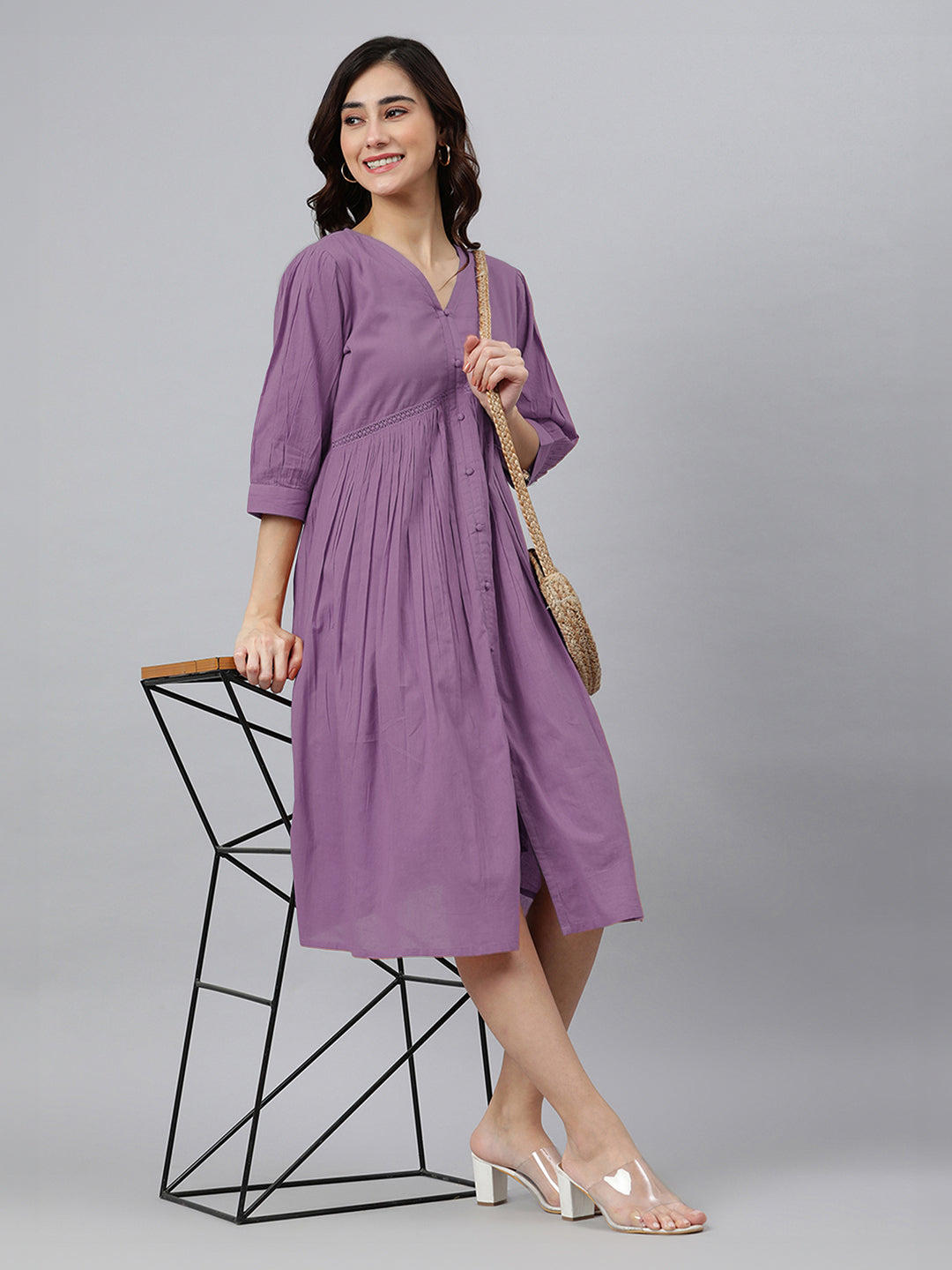 Janasya Bright Cotton Solid Gathered Dress