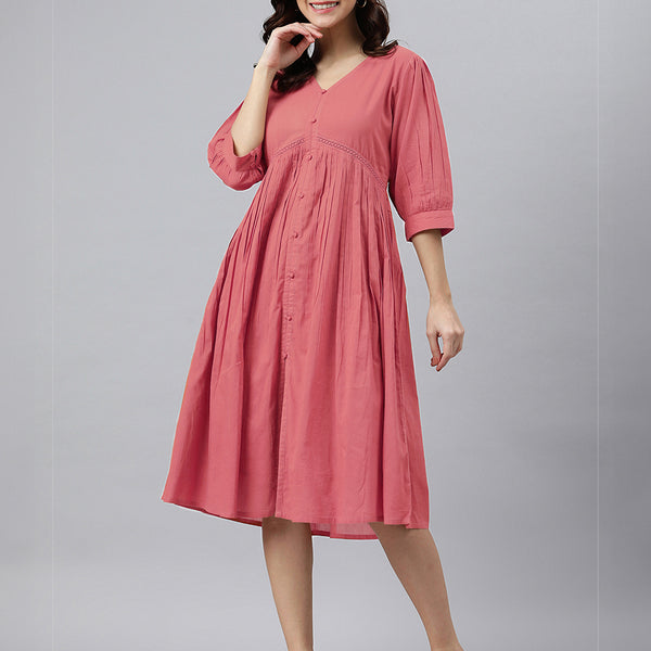 Janasya Bright Cotton Solid Gathered Dress
