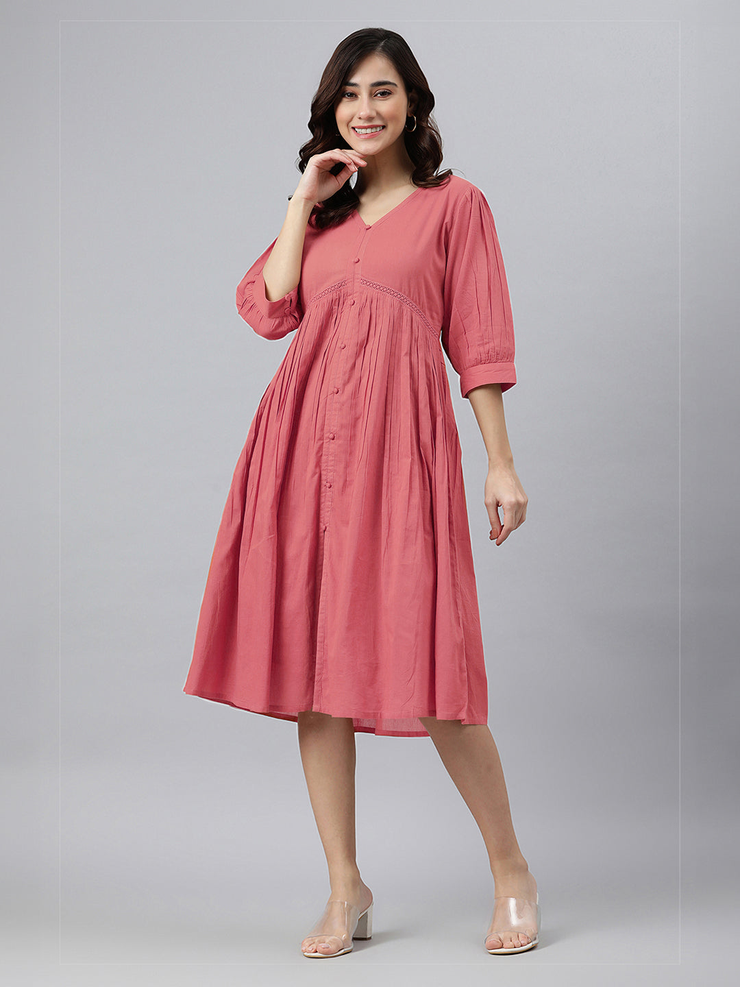 Janasya Bright Cotton Solid Gathered Dress - Distacart