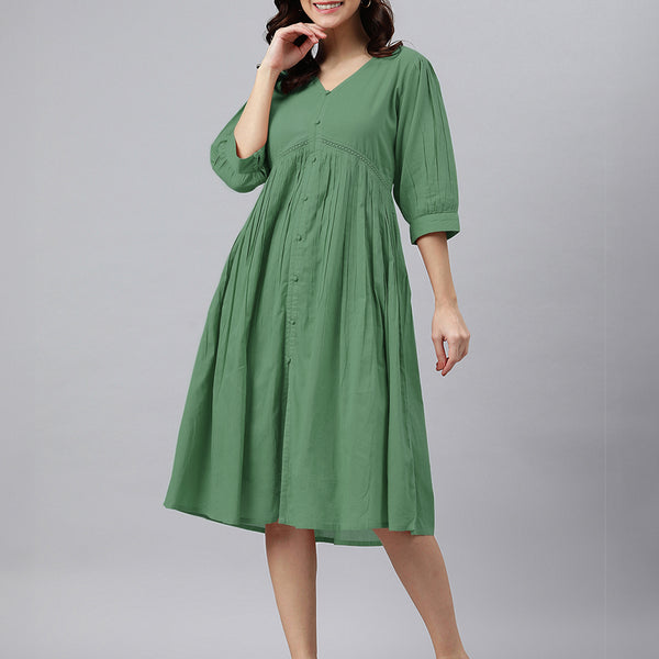 Janasya Bright Cotton Solid Gathered Dress