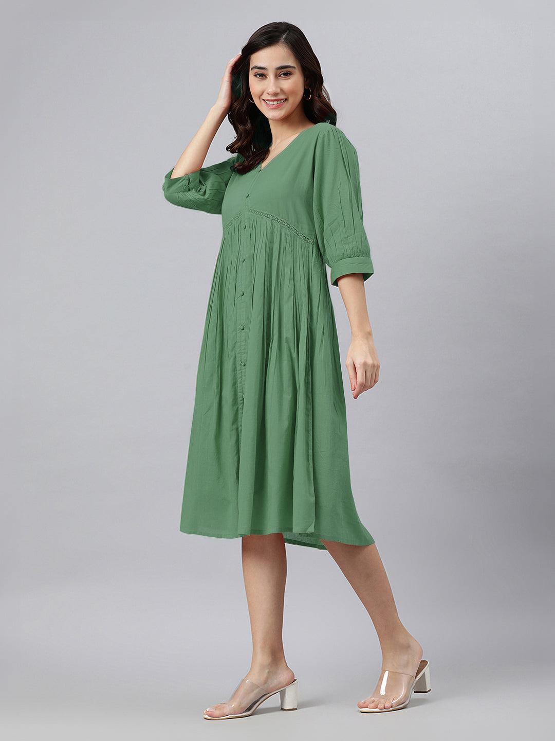 Janasya Bright Cotton Solid Gathered Dress