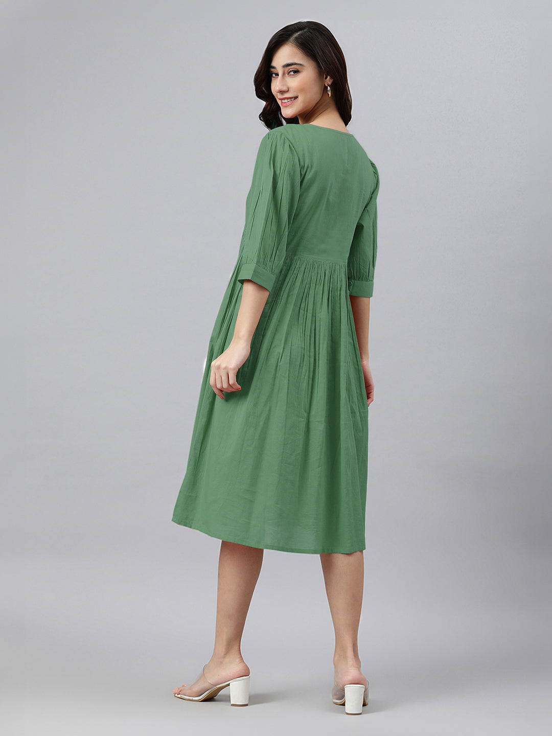 Janasya Bright Cotton Solid Gathered Dress