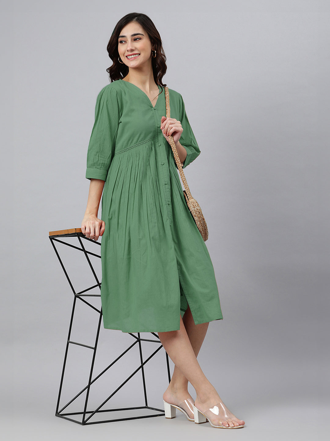 Janasya Bright Cotton Solid Gathered Dress