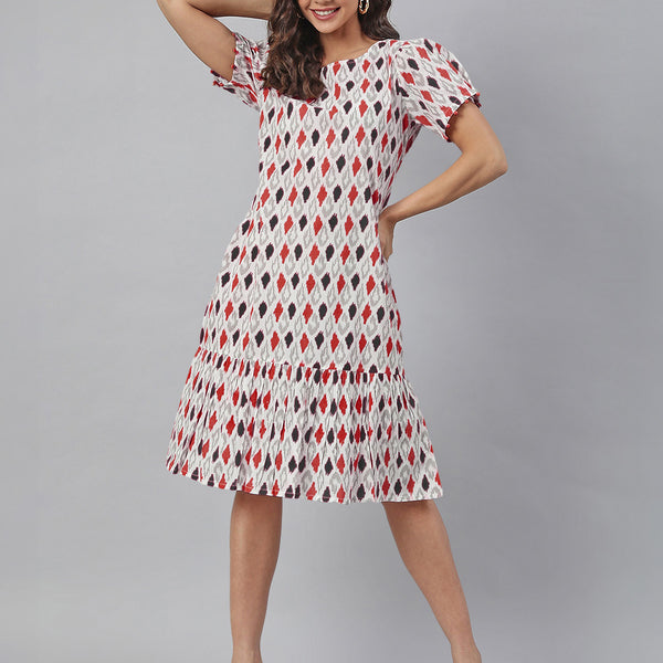 Janasya Bright Cotton Ikkat A-Line Dress