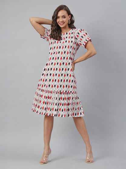 Janasya Bright Cotton Ikkat A-Line Dress - Distacart