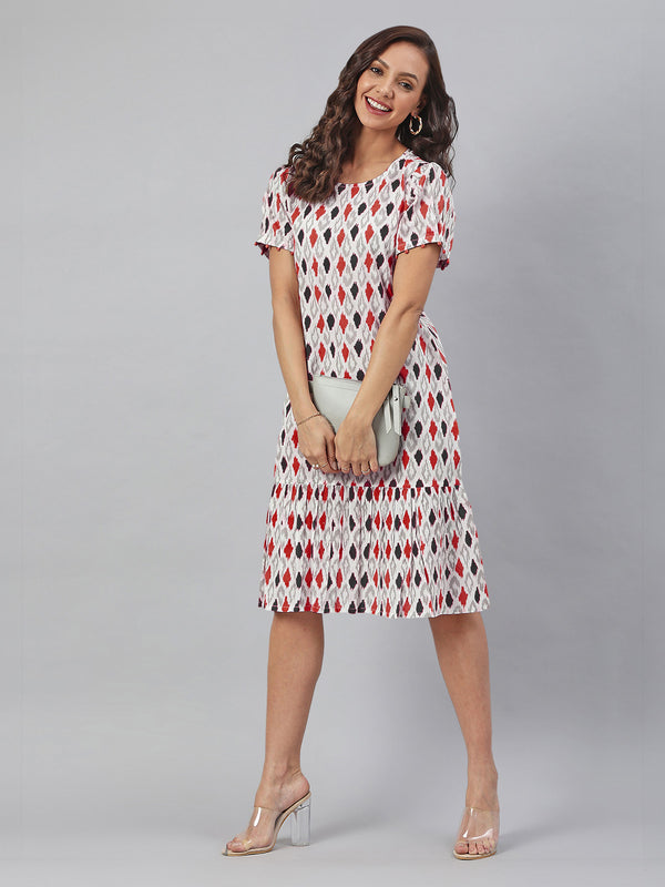 Janasya Bright Cotton Ikkat A-Line Dress