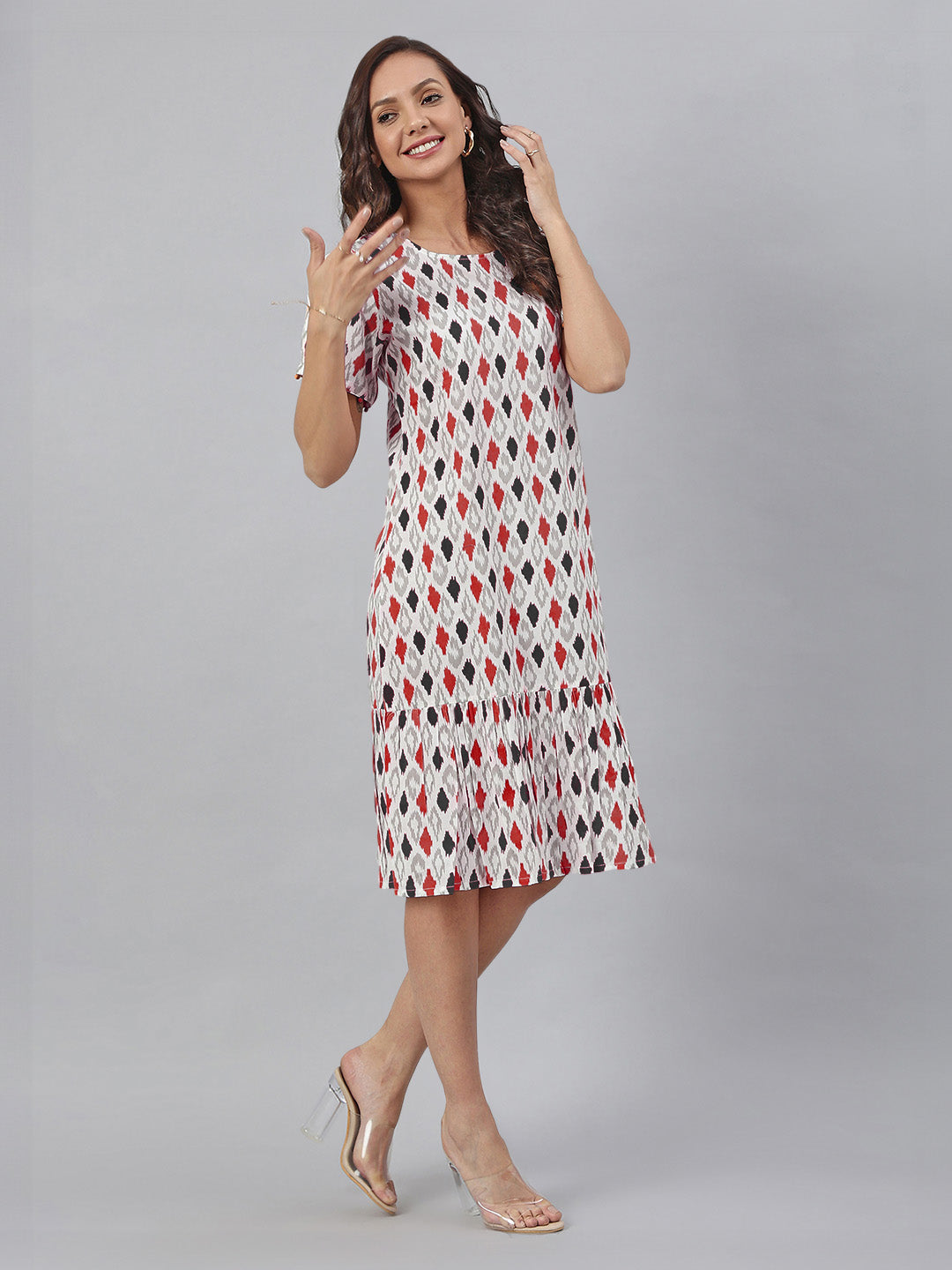 Janasya Bright Cotton Ikkat A-Line Dress