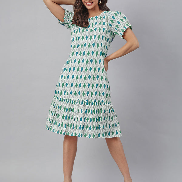Janasya Bright Cotton Ikkat A-Line Dress