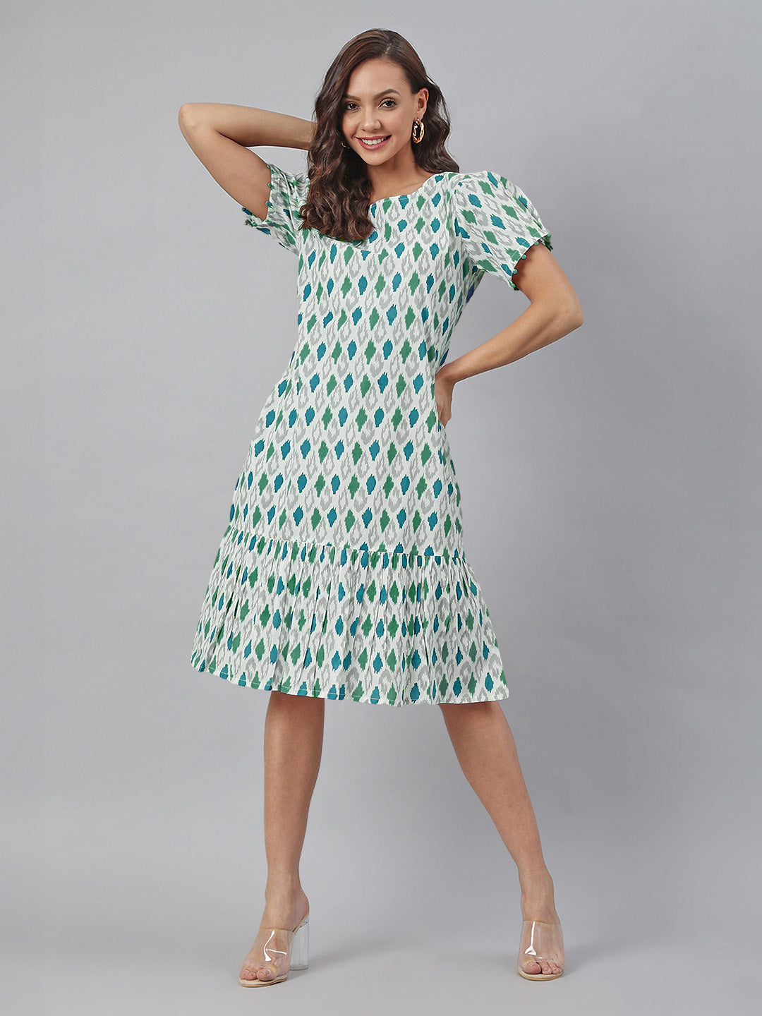 Janasya Bright Cotton Ikkat A-Line Dress - Distacart
