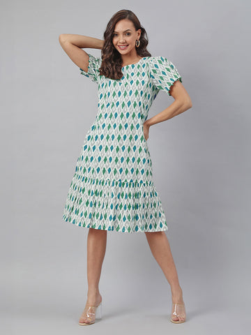 Janasya Bright Cotton Ikkat A-Line Dress - Distacart