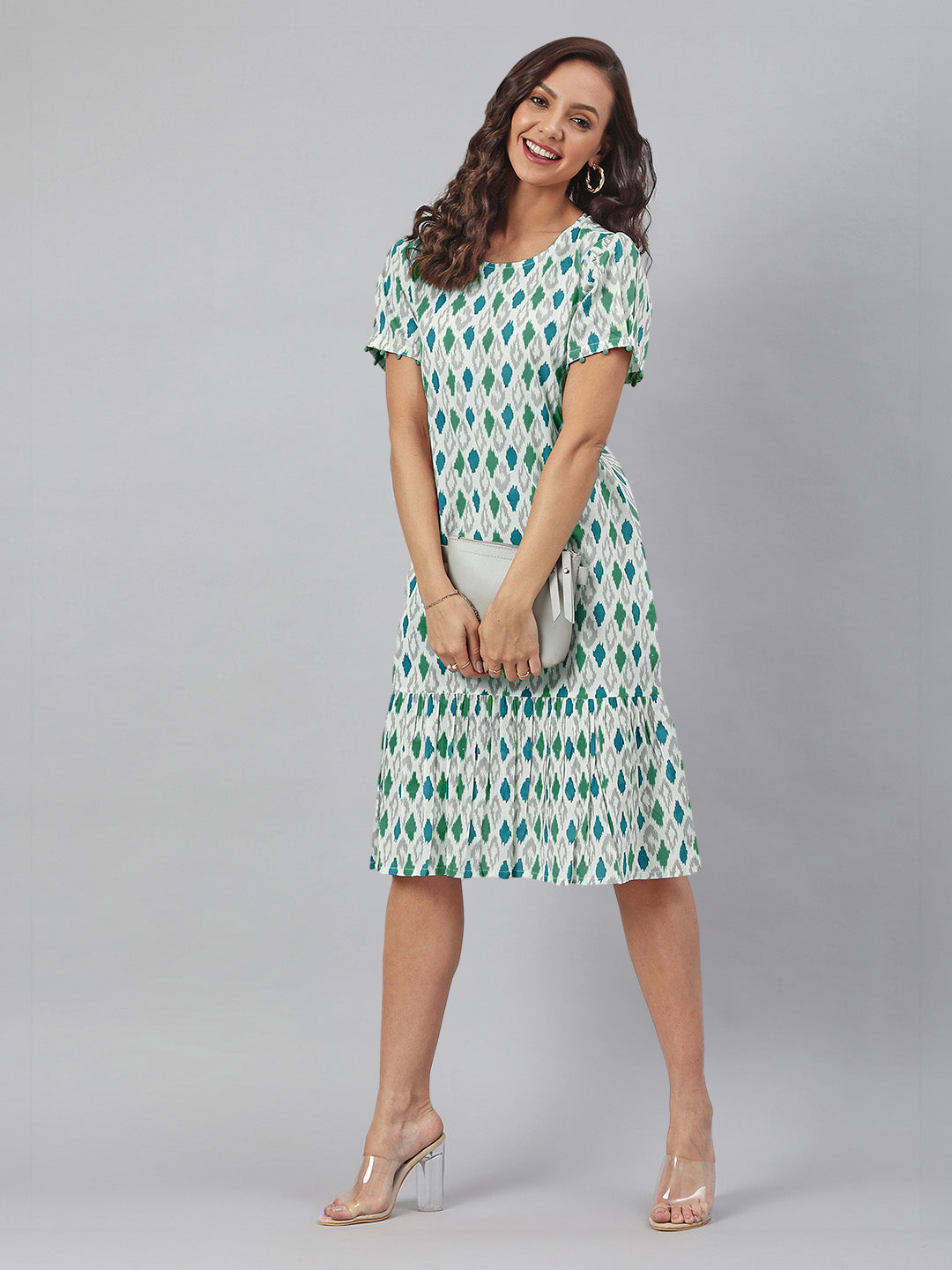 Janasya Bright Cotton Ikkat A-Line Dress