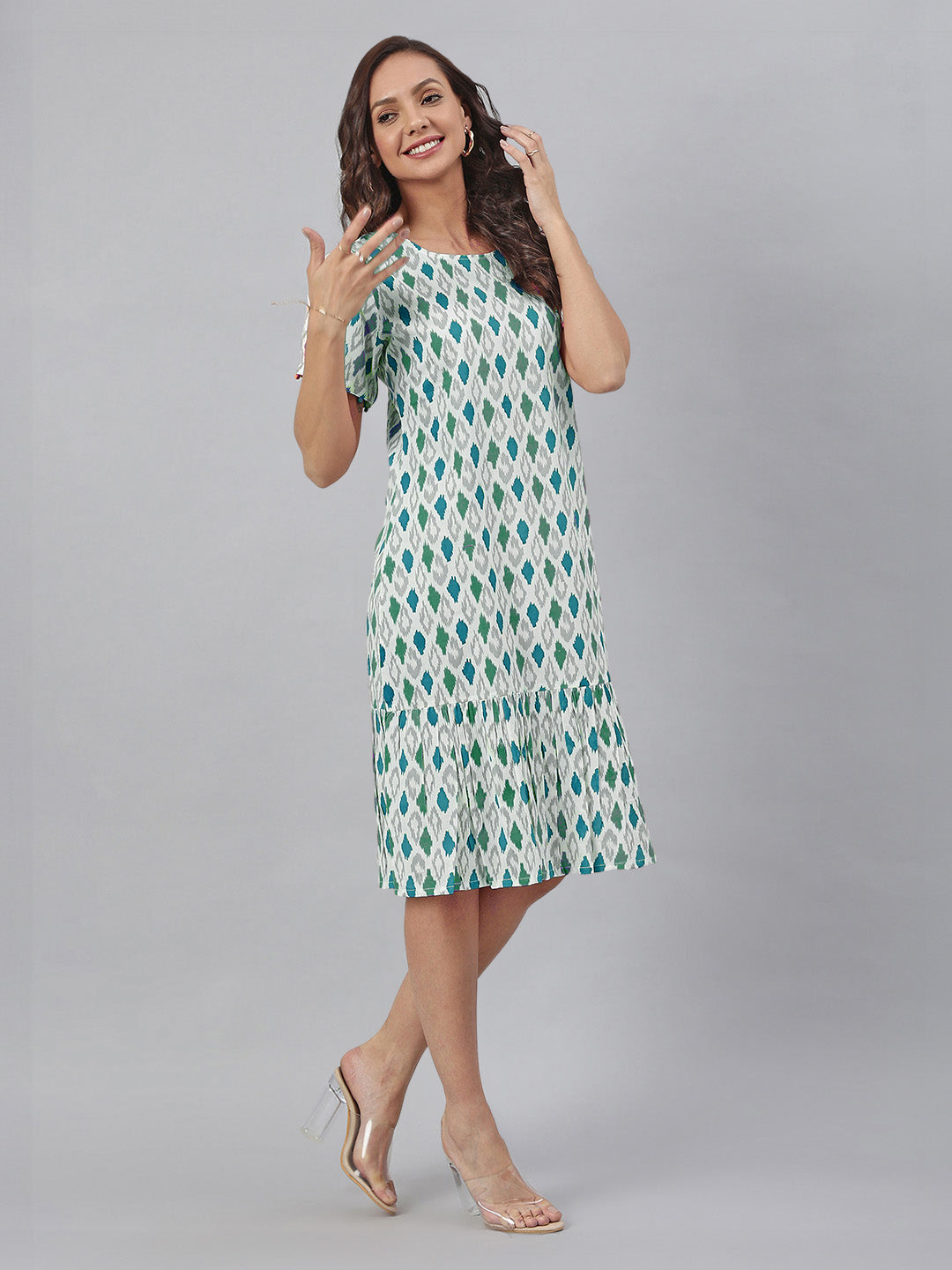 Janasya Bright Cotton Ikkat A-Line Dress - Distacart