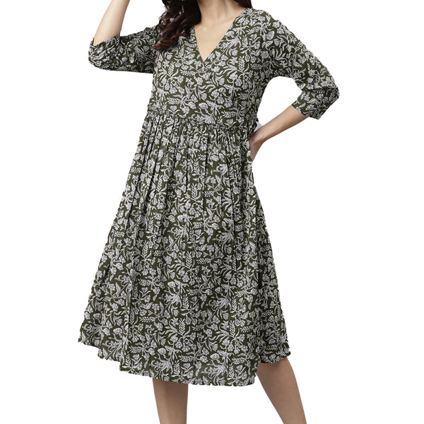 Janasya Dark Cotton Floral Angrakha Dress