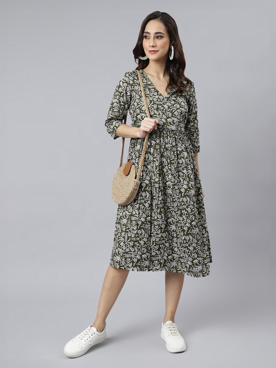 Janasya Dark Cotton Floral Angrakha Dress