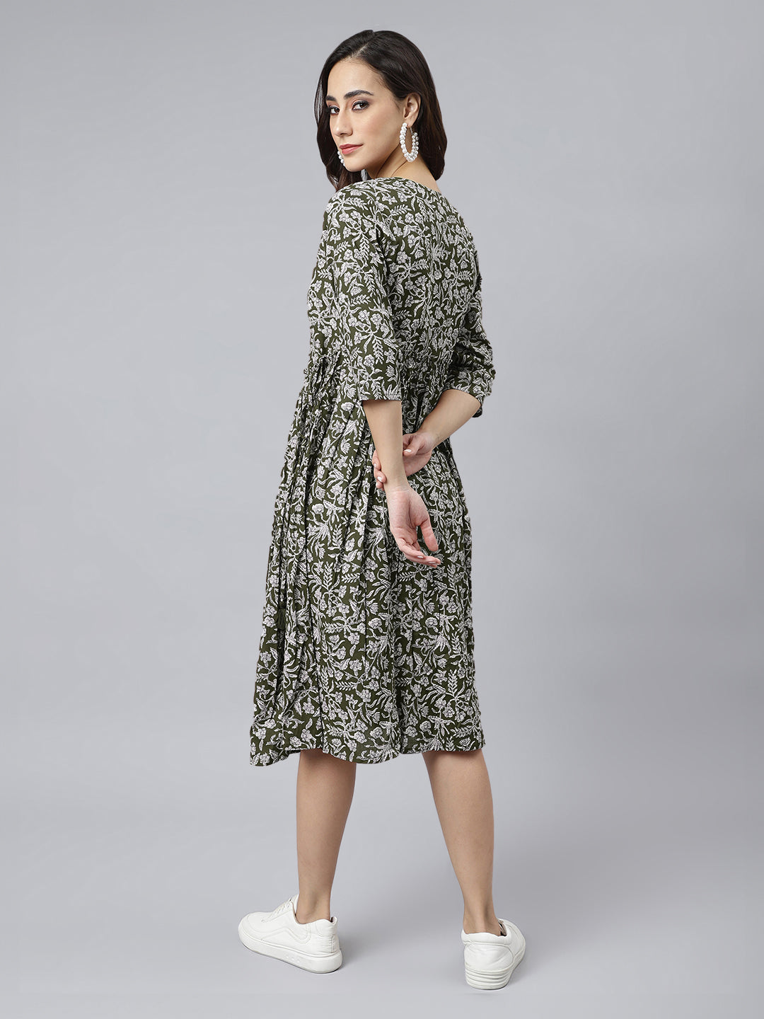 Janasya Dark Cotton Floral Angrakha Dress