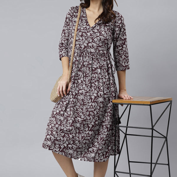 Janasya Dark Cotton Floral Angrakha Dress