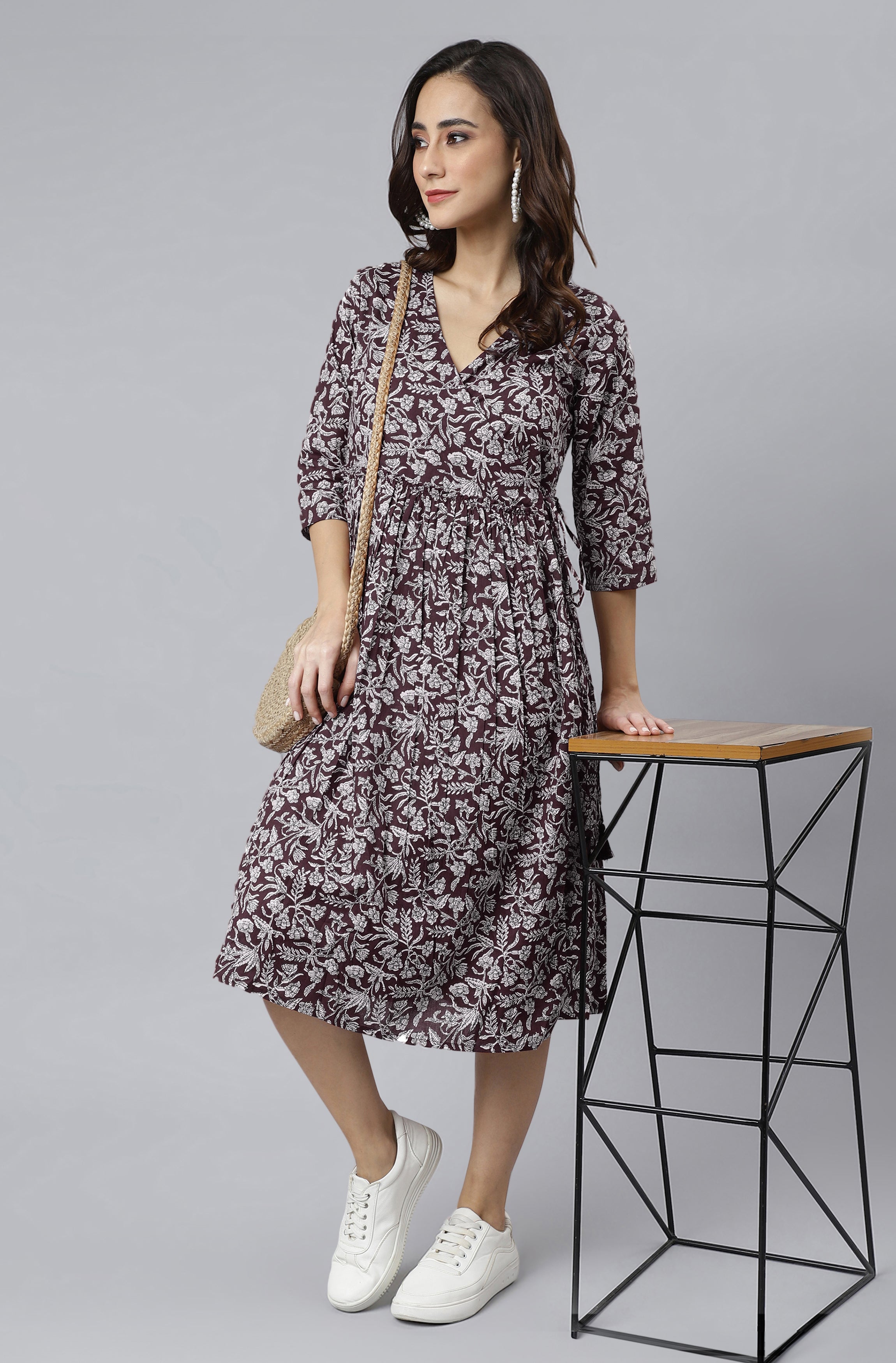 Janasya Dark Cotton Floral Angrakha Dress - Distacart