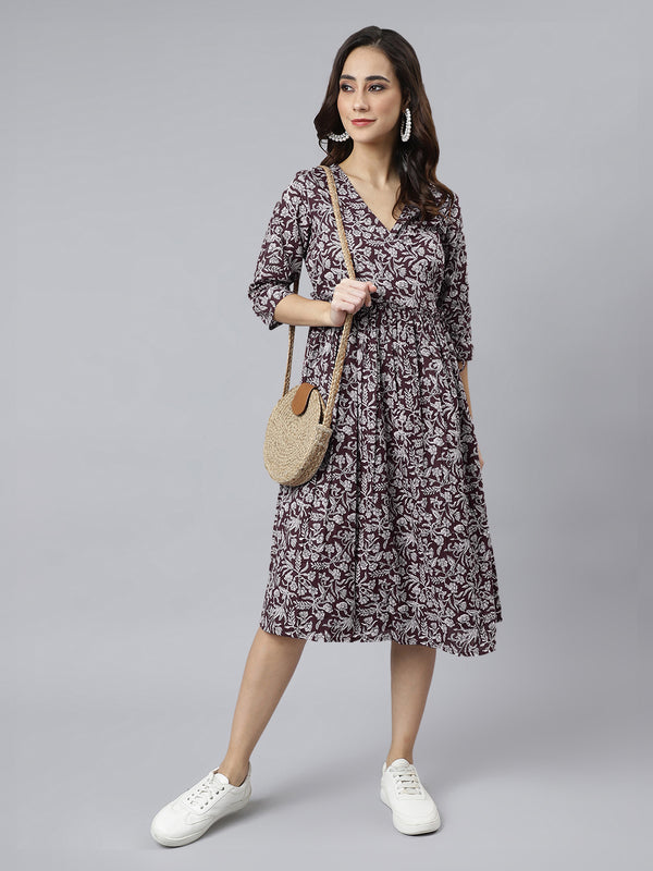 Janasya Dark Cotton Floral Angrakha Dress