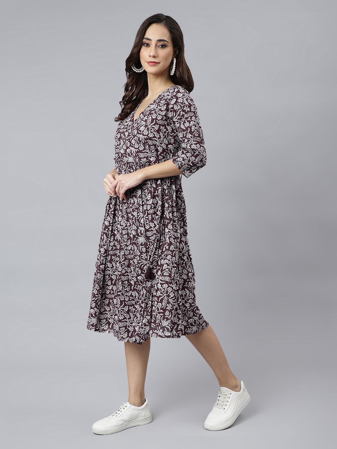 Janasya Dark Cotton Floral Angrakha Dress