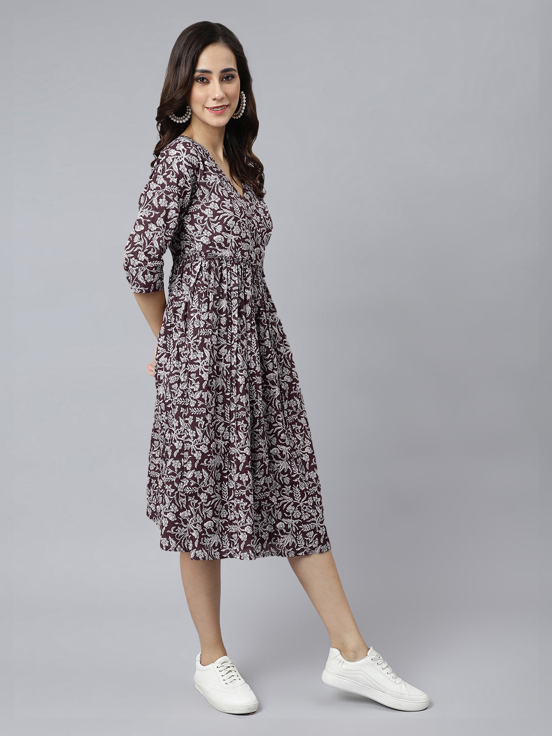 Janasya Dark Cotton Floral Angrakha Dress