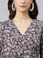Thumbnail for Janasya Dark Cotton Floral Angrakha Dress