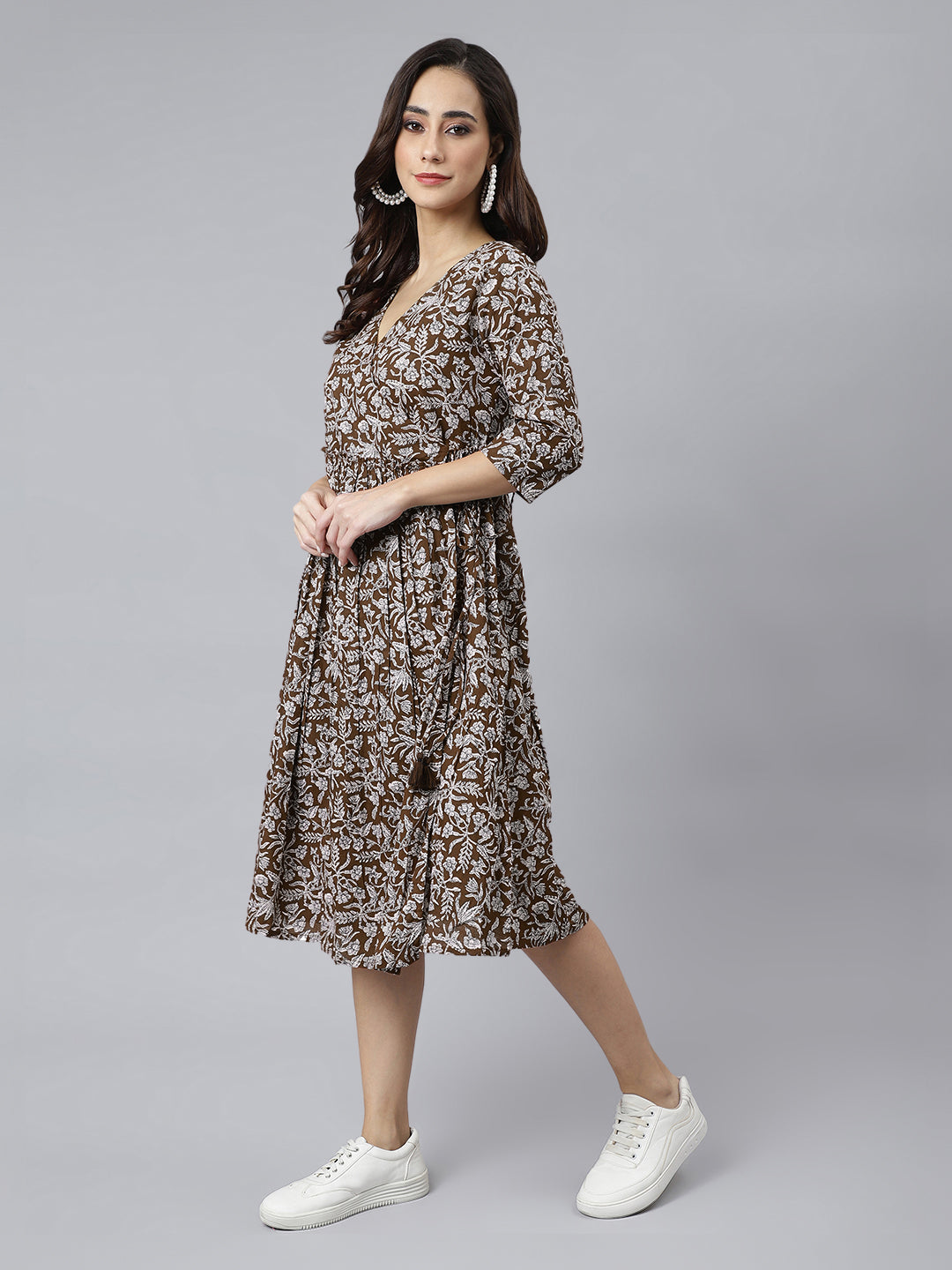 Janasya Dark Cotton Floral Angrakha Dress