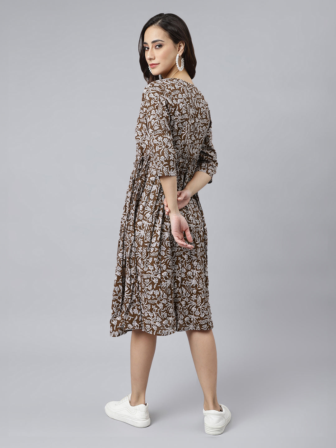 Janasya Dark Cotton Floral Angrakha Dress