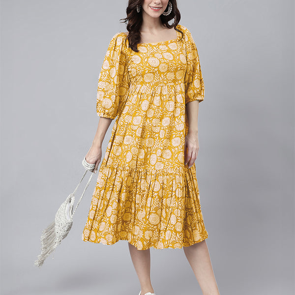 Janasya Bright Cotton Floral Tiered Dress