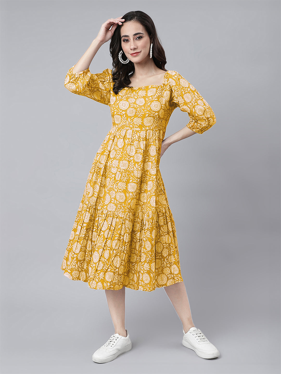 Janasya Bright Cotton Floral Tiered Dress
