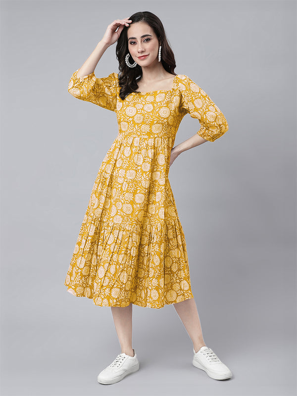 Janasya Bright Cotton Floral Tiered Dress